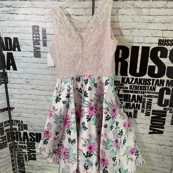 Emily Rose Pink Satin Floral Lace Sleeveless Dress - Picture 4 of 6